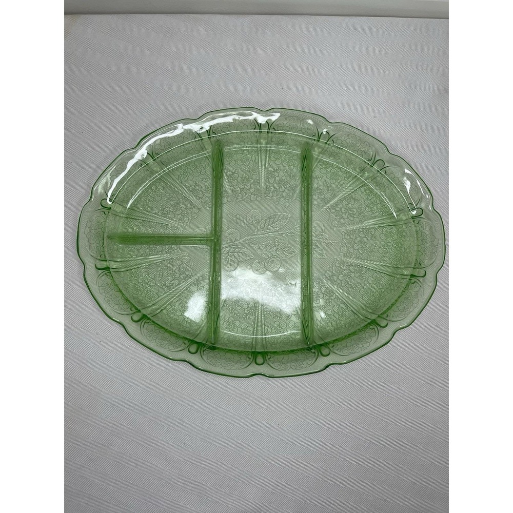 Jeannette‎ Glass Green Cherry Blossom Divided Depression Uranium Glass Platter